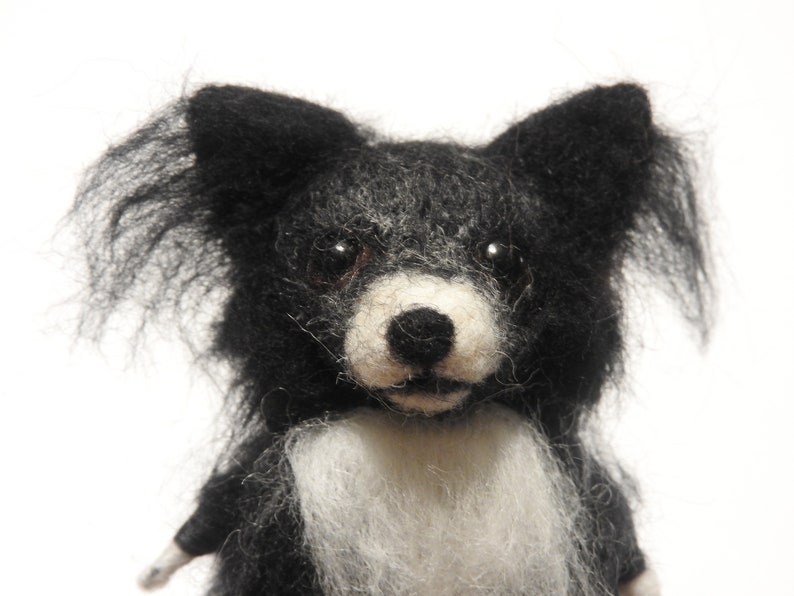 May include: A black and white felt dog toy with a fluffy texture. The dog has black fur and a white chest.