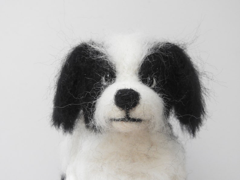May include: A close-up of a black and white needle felted dog. The dog has black ears and a black nose. The dog is looking directly at the camera.