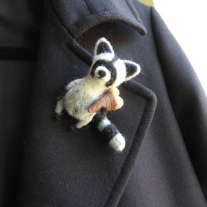 Raccon brooch, Needle felted raccon, Miniature animals, Gifts idea image 1