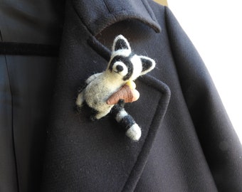 Raccon brooch, Needle felted raccon, Miniature animals, Gifts idea