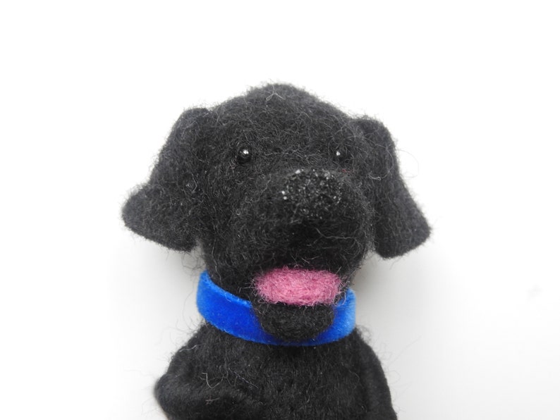 May include: A black felt dog toy with a blue collar. The dog has a pink felt tongue.