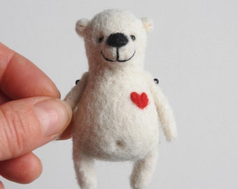 White pocket bear hug, Bear pin, Felted Teady bear, Handmade brooch, A little bear hug in the box, Support positive mental health