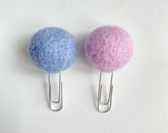 Set of 2 Felt Pompom paperclip for planner. Fancy bookmark. Blue Pink ball paperclip. Planner accessories set