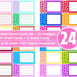 Puede incluir: Un conjunto de 24 tarjetas florales imprimibles, con 12 diseños rayados y 12 en blanco. Las tarjetas presentan patrones florales coloridos y bordes en varios colores. El texto de la imagen dice "Printable Floral Cards Set - 24 Designs".