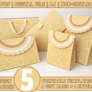 Puede incluir: Un conjunto de cinco plantillas imprimibles de bolsas de regalo y sobres. Las bolsas y el sobre son de color amarillo claro con un patrón de remolino. Las bolsas tienen una solapa festoneada con un borde decorativo. El texto de la imagen dice "PDF | DIGITAL FILE | A4 | NON-EDITABLE".