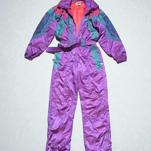 Combinaison De Ski Vintage HIGH SOCIETY - Noir Et Violet, Taille M, Années 80, Occasion