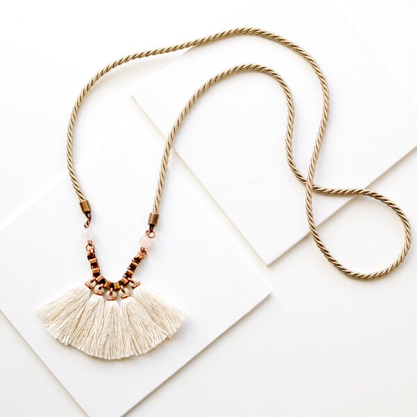 White Tassel Necklace, Long Fan Necklace, Off White Fringe Necklace, Tassel Rope Necklace, Boho Cord Necklace, Neutral Color Necklace