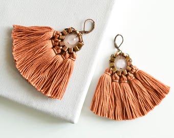 Burnt Orange Tassel Earrings, Fringe Earrings, Hippie Earrings, Boho Earrings, Clip On Earrings, Handmade Jewelry, Gift For Girlfriend