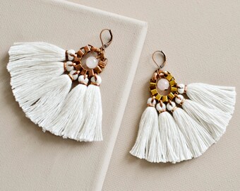 White Tassel Earrings, Fringe Earrings, Boho Chandeliers, Hippie Earrings, Wedding Jewelry, Boho Bride, Wedding Earrings, Boho Wedding