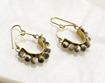 Beaded Brass Earrings with White Turquoise, Abstract Modern Jewelry, Hammered Brass Hoop Earrings with Sprinkled Beads