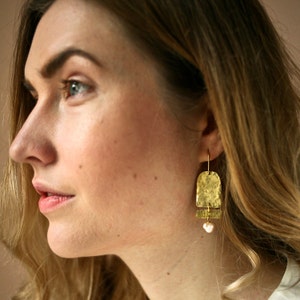 Geometric Brass Earrings with Fresh Water Pearls, Abstract Jewelry image 3