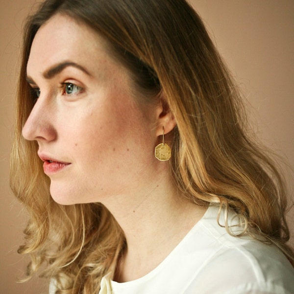 Moon Earrings, Circle Dangle Earring, Minimalist Hammered Brass Jewelry