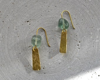 Green Fluorite Earrings with Hammered Brass Rectangles, Natural Stone Jewelry