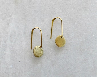 Minimalistic Drop Earrings, Modern Circle Earrings, Golden Brass Jewelry