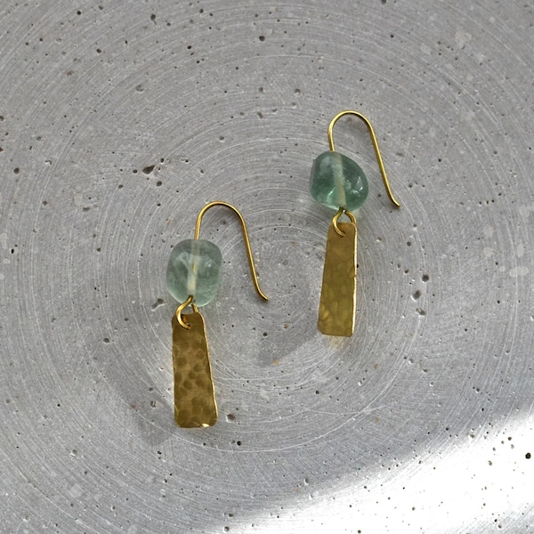 Green Fluorite Earrings with Hammered Brass Rectangles, Natural Stone Jewelry
