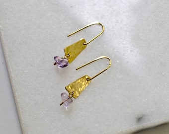 Amethyst Dangle Earrings, Hammered Brass Earrings with Upcycled Gemstone, Slow Fashion