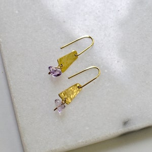 Amethyst Dangle Earrings, Hammered Brass Earrings with Upcycled Gemstone, Slow Fashion image 1