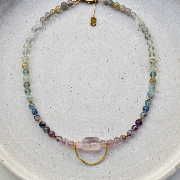 Rainbow Fluorite Statement Necklace, Ombré Gemstone Necklace with Amethyst hand Hammered Brass Arch