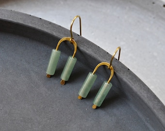 Minimalist Aventurine Arc Earrings, Gemstone Jewelry, Green Stone and Brass Dangle Earring