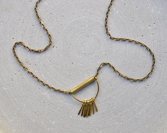 Minimalist Brass Tassel Necklace, Geometric Bib with Metall Fringe, Short Necklace with Pendant