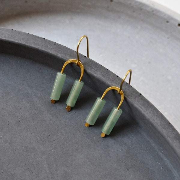 Minimalist Aventurine Arc Earrings, Gemstone Jewelry, Green Stone and Brass Dangle Earring