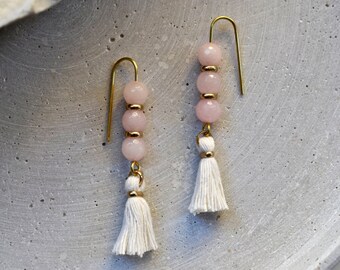 Rose Quartz Earrings with White Tassels, Natural Stone Jewelry, Shoulder Dusters