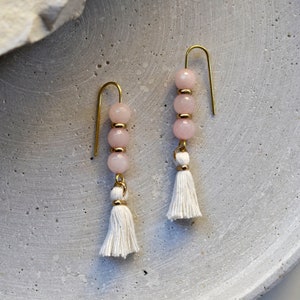 Rose Quartz Earrings with White Tassels, Natural Stone Jewelry, Shoulder Dusters Rose quartz