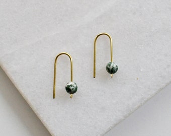 Minimalist Green Spot Jasper Earrings, Beaded Arc Earring, Minimalist Gift