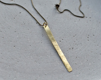 Long Minimalist Necklace with Hammered Brass Bar, Golden Pendant Chain