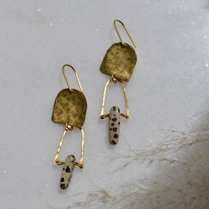 Dalmatian Jasper Earrings, Hammered Brass Chandelier Earrings with Speckled Natural Stones