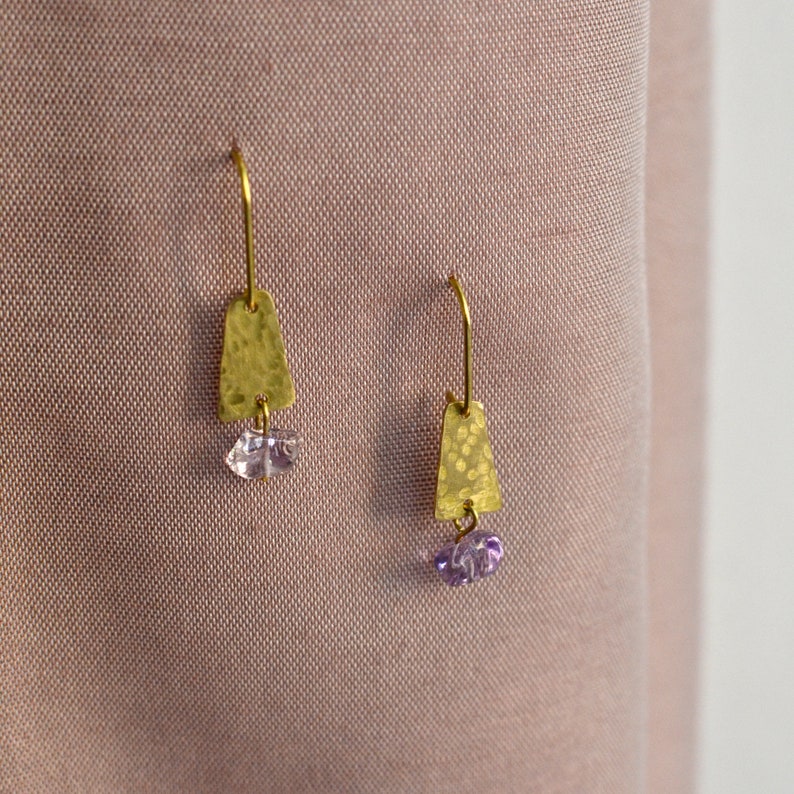 Amethyst Dangle Earrings, Hammered Brass Earrings with Upcycled Gemstone, Slow Fashion image 3