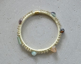 Gemstone Bangle Bracelet, Beaded Crochet Cuff Bracelet with Amazonite, Fluorite and Aventurine