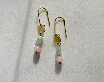 Vintage Aventurine and Rose Quartz Dangle Earrings, Handmade Slow Fashion Jewelry