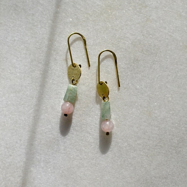 Vintage Aventurine and Rose Quartz Dangle Earrings, Handmade Slow Fashion Jewelry