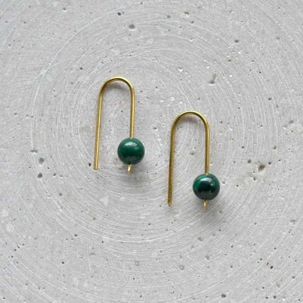 Minimalist Malachite Arc Earrings, Gemstone Drop Earring, Gift for Sister, Green Natural Stone Jewelry, Sterling Silver or Brass