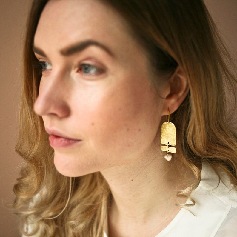 Geometric Brass Earrings with Fresh Water Pearls, Abstract Jewelry image 4