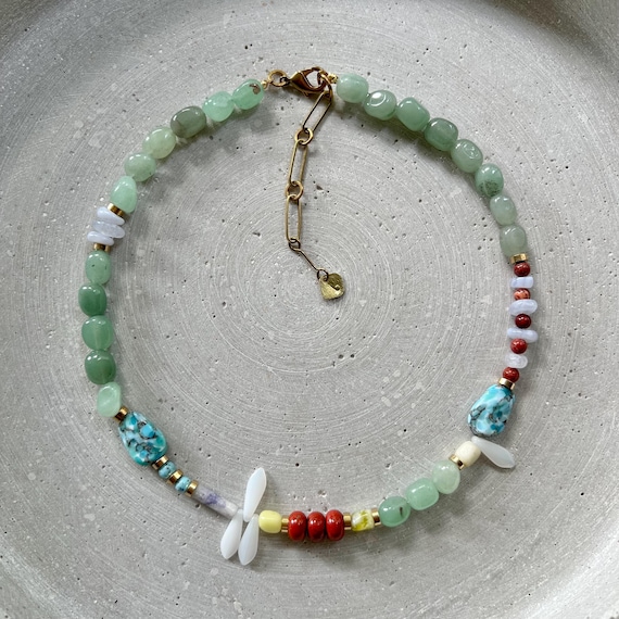 Mixed Gemstone Necklace With Vintage Glass Beads, Jasper, Green