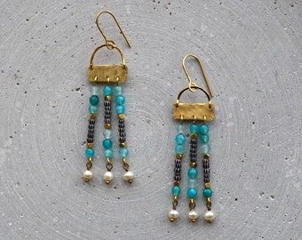 Long Agate and Recycling Freshwater Pearl Chandeliers, Turquoise Statement Earrings