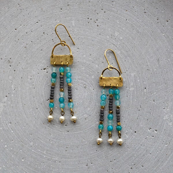 Long Agate and Recycling Freshwater Pearl Chandeliers, Turquoise Statement Earrings