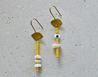 Asymetric Evil Eye Dangle Earrings with Moonstone Nuggets, Long Yellow Chandeliers with Hammered Brass Eye