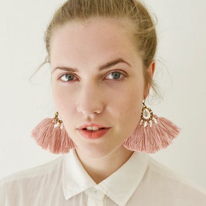Pink Tassel Earrings, Boho Fan Earrings, Old Rose Fringe Earrings, Bohemian Bride Earrings, Hippie Statement Earrings, Clip On Chandeliers image 6