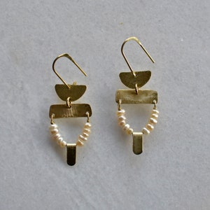 Repurposed Freshwater Pearl Chandelier, Geometric Brass Earrings with Upcycling Beads