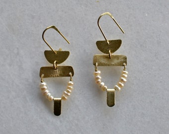 Repurposed Freshwater Pearl Chandelier, Geometric Brass Earrings with Upcycling Beads