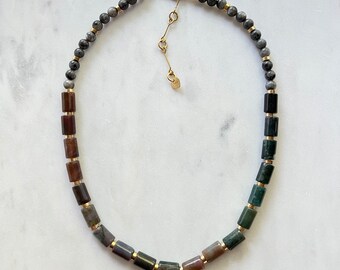 Collier perlé de colonne Ombre avec agate et labradorite, collier de déclaration unisexe