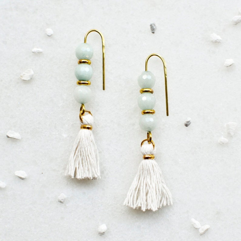 Rose Quartz Earrings with White Tassels, Natural Stone Jewelry, Shoulder Dusters Amazonite