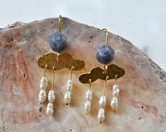 Recycled freshwater pearl earrings in cloud shape, pearl earrings with blue aventurine