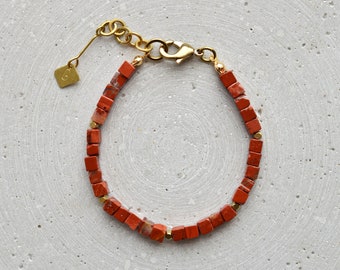 Red Jasper Bracelet, Minimalist Cube Beads Bracelet, Red Unisex Jewelry