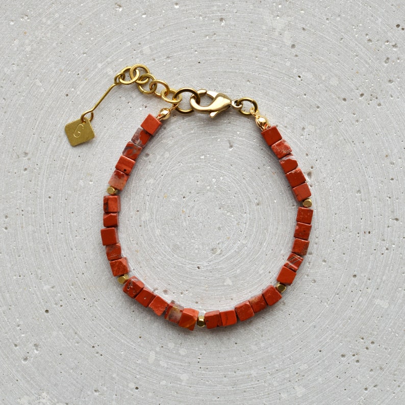 Red Jasper Bracelet, Minimalist Cube Beads Bracelet, Red Unisex Jewelry image 1