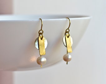 Mother of Pearl and Freshwater Pearl Dangle Earrings, Art Deco Inspired Jewelry