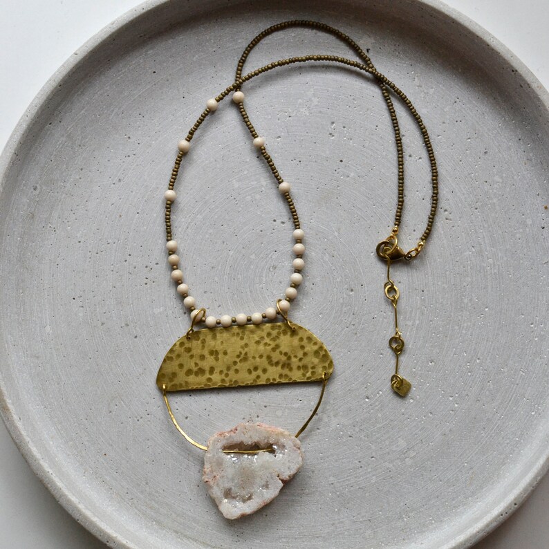 OOAK Statement Necklace with Lare Brass and Crystal Pendant, Fossil Beads and Glass Chain, Gift for Hippie Girl image 5